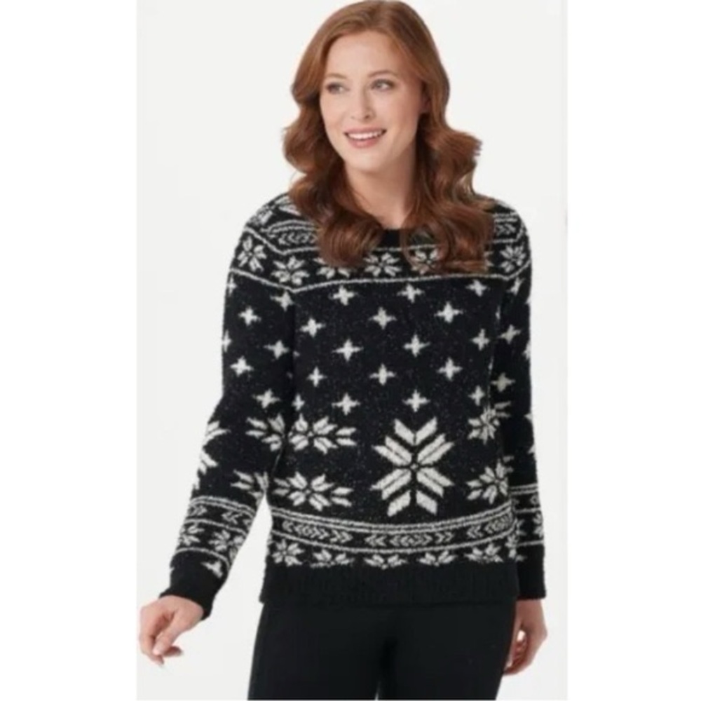 Barefoot Dreams Sweater Seaside Crew-Neck Pullover Black Fair Isle Large